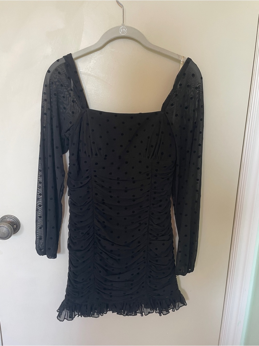 Black Polka Dot Ruched Long Sleeve Mini Dress